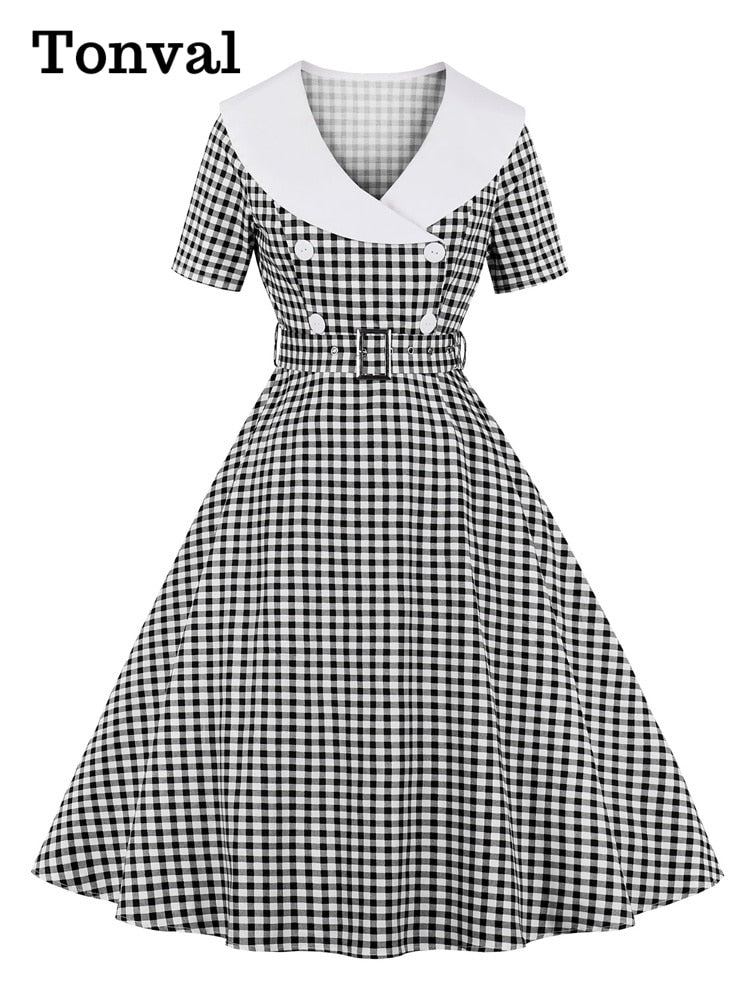 Tonval Gingham Print cintura alta Vintage A Line algodón Midi vestidos para mujer doble botonadura 1950S Rockabilly Plaid vestido