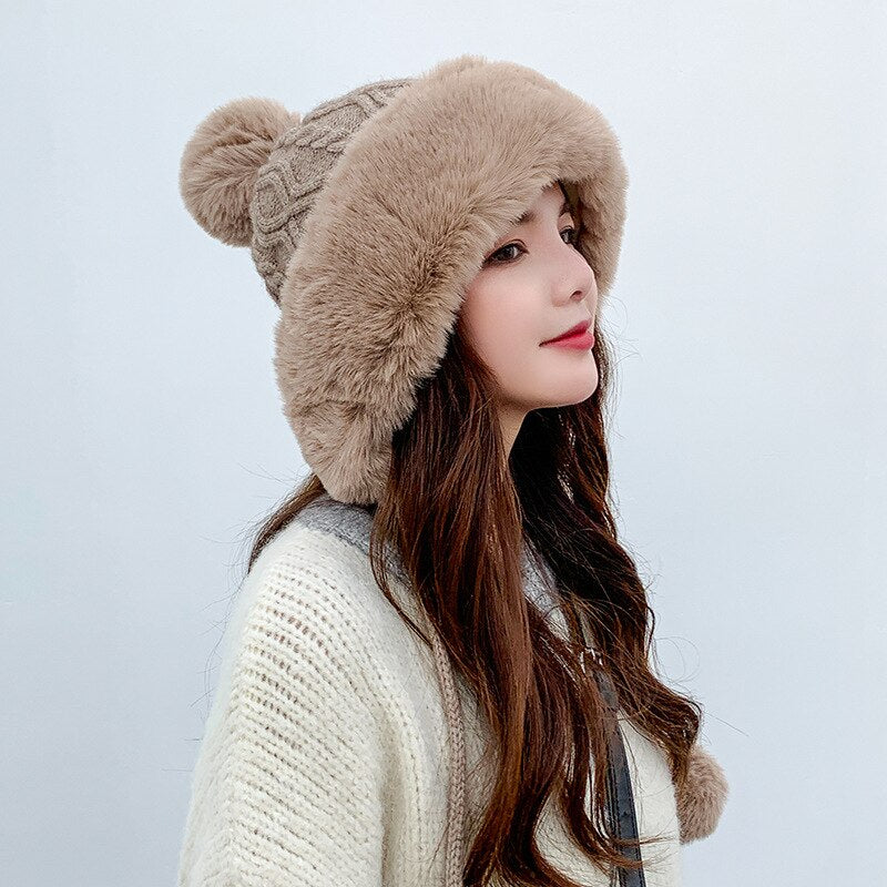 Sparsil Woman Autumn Winter Mink Knit Bomber Hat Thick Female Fluffy Pompom Outdoor Warm Windproof Earflap Trapper Snow Ski Caps