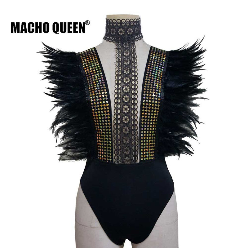 Holographic Summer Burning Man Festival Rave Clothes Gothic Outfits Wear Gear Rainbow Feather Bodysuit Hologram Clothing