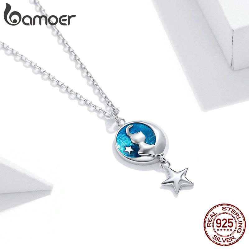 Bamoer Genuine 925 Sterling Silver Blue Enamel Moon &amp; Cat Pendant Necklace Star Neck Chain for Women Gift Fine Jewelry SCN422