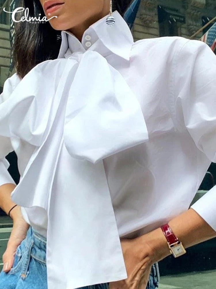 Celmia camisas blancas elegantes 2022 moda mujer pajarita manga larga Tops Casual fiesta blusa verano túnica sólida Blusas femeninas