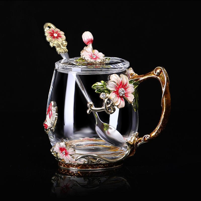 Schönheit und Neuheit Emaille Kaffeetasse Becher Blume Tee Glas Tassen für heiße und kalte Getränke Teetasse Löffel Set Perfektes Hochzeitsgeschenk