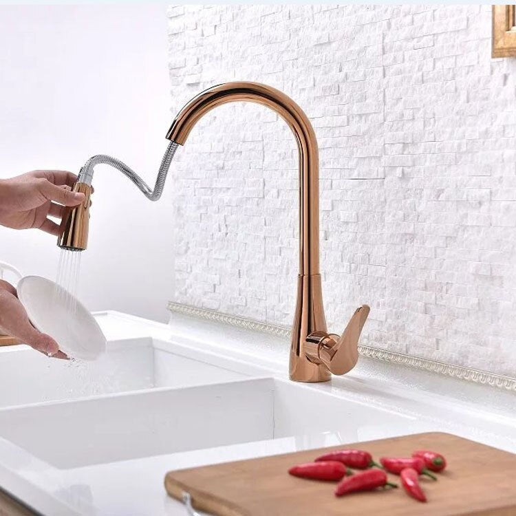 Chaowalmai Rose Gold Kitchen Faucet Mixer Cold And Hot Deck Mounted Single Handle Pull Out Kitchen Sink Water Mixer Tap