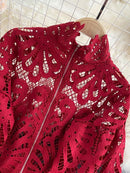 Sexy Lace Hollow Out Short Blouse Casual Lantern Long Sleeve Stand Collar Shirts Female Elegant Red/Pink/White Loose Tops 2020