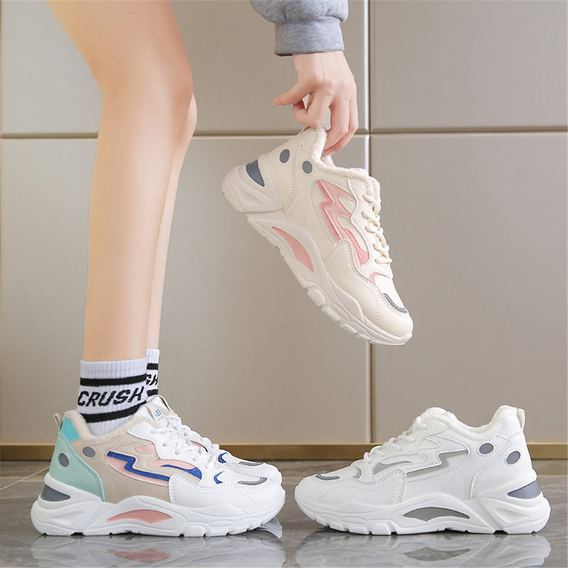 New 2022 Winter Vulcanized Snow Boots Women Pu Leather Sport Shoes Female Outdoor Cotton-padded Shoes Warm Sneakers White Pink