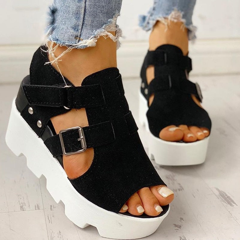 Summer Sandals Women Wedges Heel Black White Casual Designer Shoes Footwear Buckle Strap Open Toe Platform Sandel Women Shoes