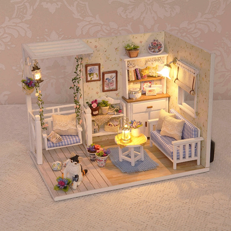 Casa de muñecas muebles Diy miniatura 3D madera Miniaturas casa de muñecas juguetes para niños regalos de cumpleaños Casa gatito diario H013