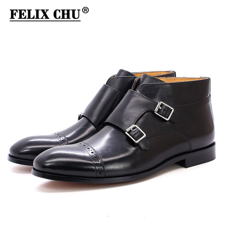 Handgemachte Herren Stiefeletten Felix Chu Echtes Leder Herren Motorradstiefel Schwarz Rot Schnalle High Top Abendschuhe für Herren