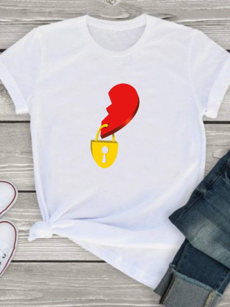 King Queen Couples T Shirt Splicing Key Lock Heart Printed Women Men TShirt Summer T-shirt Casual O-neck Tops Lovers Tee Shirt