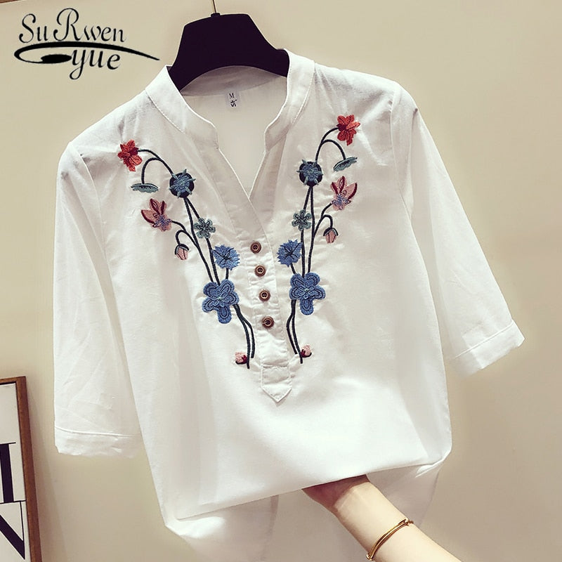 Womens Tops and Blouses Loose Shirts Cotton White Blouse Elegant Embroidery V-Neck Shirts 2023 Summer New Clothes 3140 50