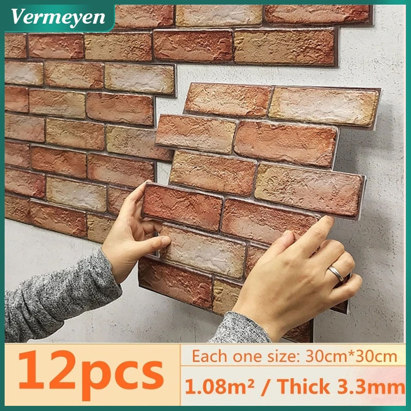 Pegatina de pared de ladrillo 3D de 12 Uds., papel tapiz de PVC autoadhesivo para dormitorio, pegatinas impermeables a prueba de aceite para cocina, decoración de pared para el hogar DIY