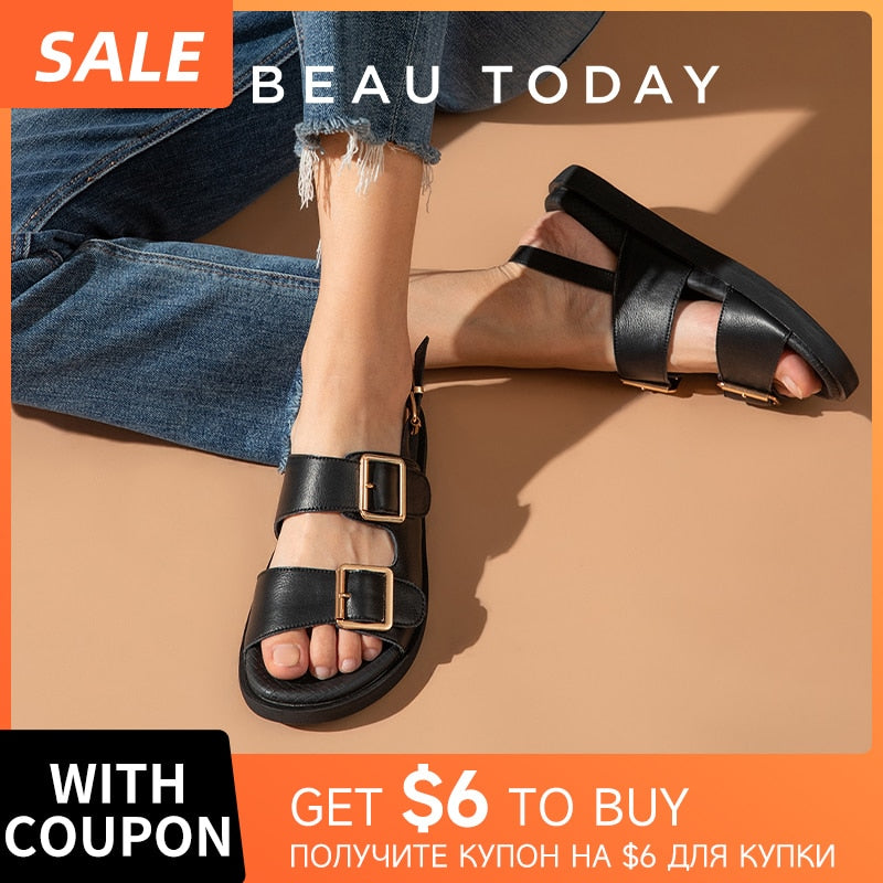 BeauToday Sandals Women Genuine Cow Leather Metal Detailed Ankle Buckle Strap Summer Beach Ladies Low Heel Shoes Handmade 38128