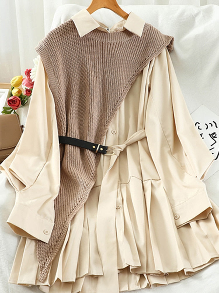 Dulce traje de mujer Japón vestido plisado con cuello vuelto de un solo pecho + chaleco de punto con cordón Irregular conjunto de dos piezas PL548