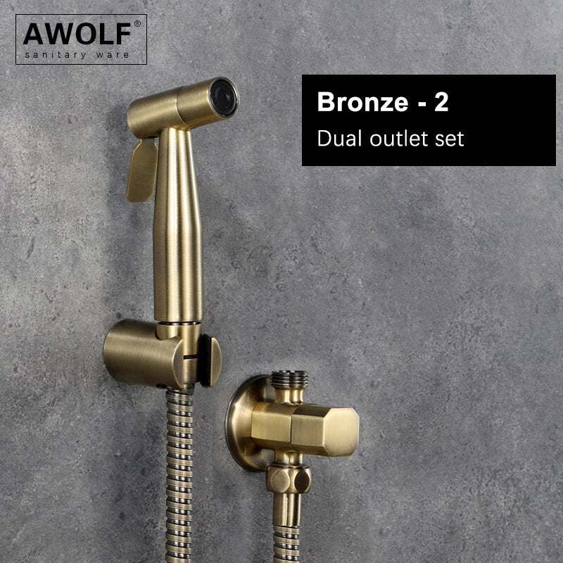 Awolf, cabezal de ducha higiénico de oro rosa, juego de rociador de bidé de mano para inodoro, válvula de latón Shattaf de acero inoxidable, ducha Anal AP2102