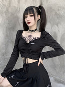 InsGoth Bandage Bodycon Langarm Crop Tops Damen Schwarz V-Ausschnitt Streetwear Punk Slim Tops Herbst Gothic Harajuku Top