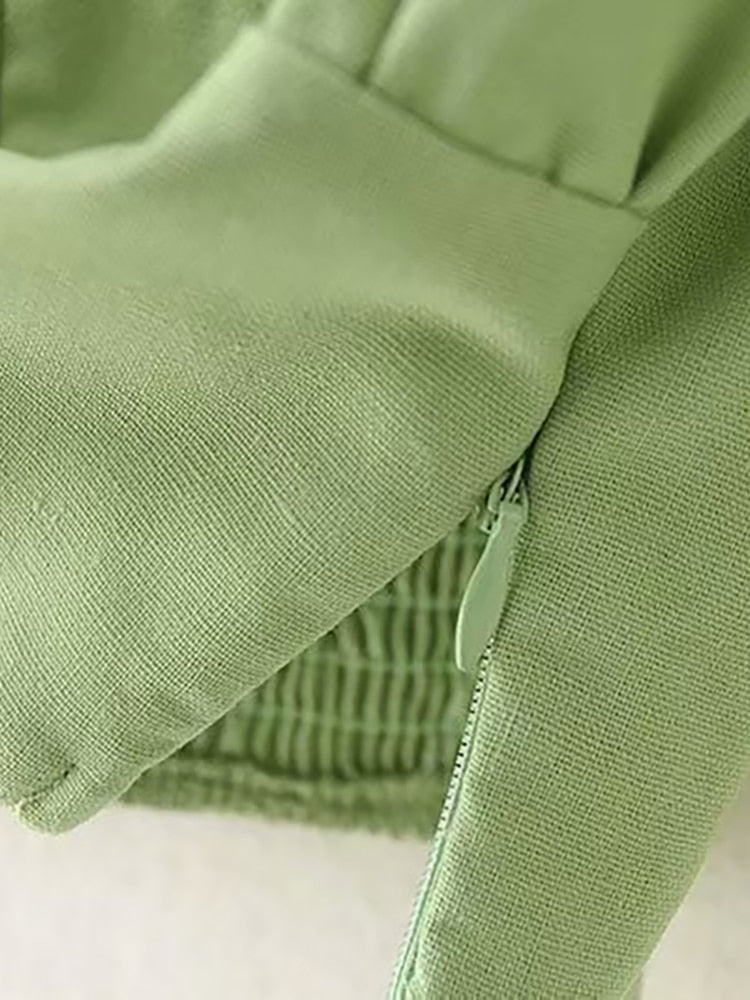 Aachoae Cotton Linen Cropped Blouses Women Chic Ruffle Short Sleeve Green Tops Sweet V Neck Solid Casual Blouse Shirt Blusas