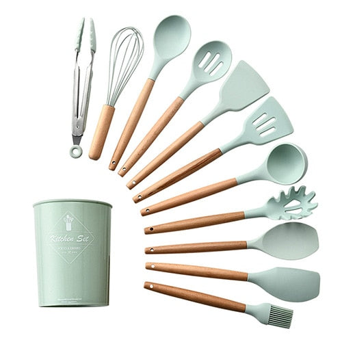 9-13Pcs Cooking Tools Set Premium Silicone Kitchen Cooking Utensils Set with Storage Box Turner Tongs Spatula Soup Spoon