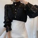 Chic Hollow Out Flower Lace Shirt Stand-Collar All-Match Summer Blouses 2022 Petal Sleeve Patchwork Women Top Femme Blusas 12419