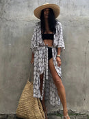 2022 Bikini Cover-ups Black Retro Striped Self Belted Women Summer Clothing Kimono Dress Beach Wear Swim Suit Cover Up Q1225