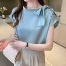 Casual Plus Size Female Clothing 2022 Summer Short Sleeve Silk Satin Blouse Women O Neck Bow Women Shirts Tops Blusas 14342
