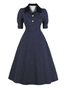 Tonval Puff Sleeve Button Up Polka Dot Vintage A-Line Party Long Dresses for Women Elegant High Waist Cotton Pinup Midi Dress