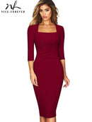 Nice-forever Spring Women Vintage Square Neck Office Dresses Business Formal Elegant Bodycon Slim Dress B688