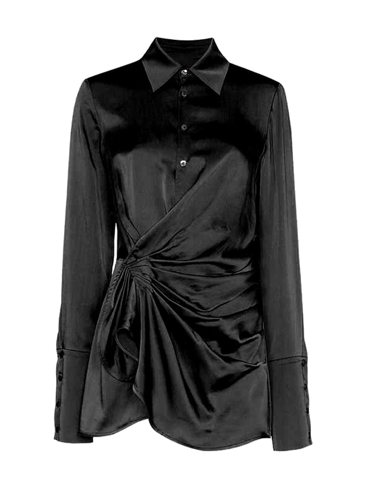 TWOTWINSTYLE, camisa fruncida sólida para mujer, blusa minimalista de manga larga con solapa y lazo, ropa nueva de moda para mujer 2021