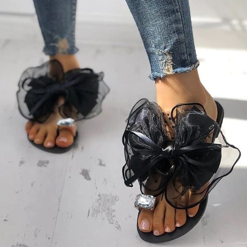 Sommer Nette Bowtie Schmücken Rutschfeste Sandalen Pantoffel Wohnungen Maultiere Lässige Mode Weibliche Flip Flops Mesh Strand Slides 2022 Heiß