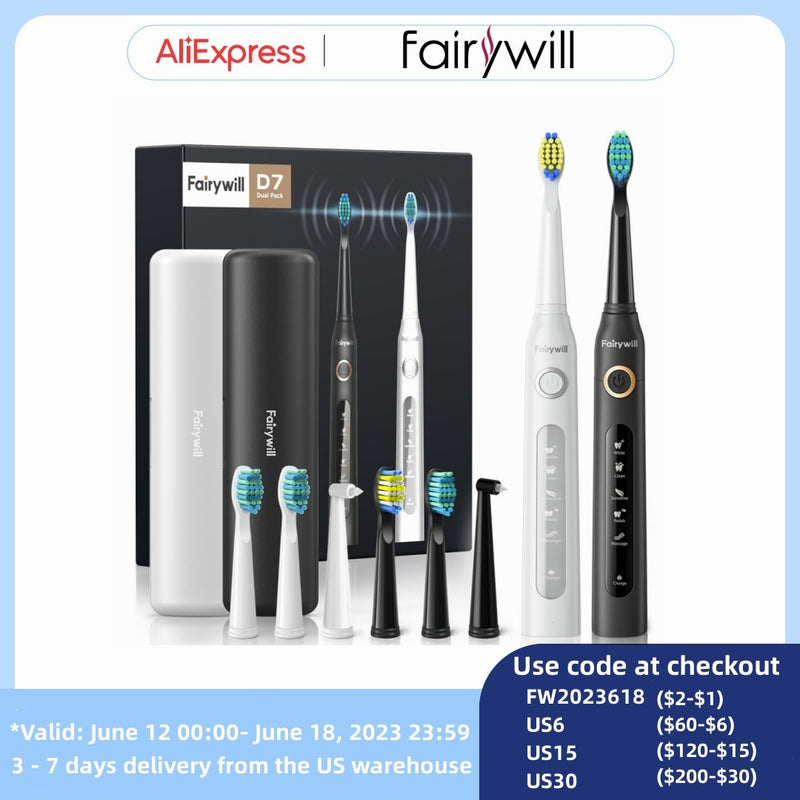 Fairywill Sonic Electric Toothbrush FW-D7 set USB Charge Toothbrushes case for Adult with tooth brush Heads 5 Mode Smart Time