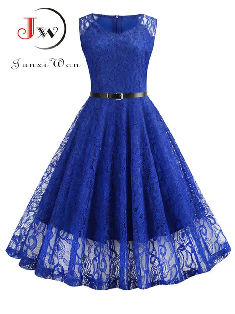 Women Summer Dress 50S 60S Elegant Vintage Lace Dress Robe Sleeveless Party Casual White Midi Vestidos