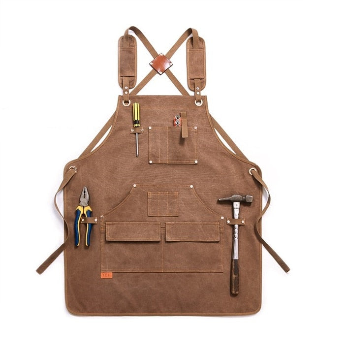 New Durable Goods Heavy Duty Unisex Canvas Work Apron with Tool Pockets Cross-Back Straps Adjustable For Woodworking Painting