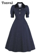 Tonval Puff Sleeve Button Up Polka Dot Vintage A-Line Party Long Dresses for Women Elegant High Waist Cotton Pinup Midi Dress