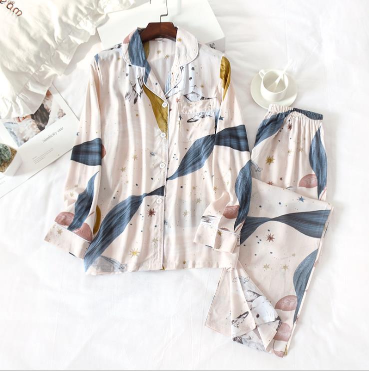 Neue Frühlings- und Herbst-Langarmhose Damen-Pyjama-Set Viskose-Strickjacke Schmetterlingsblume einfach dünn Home Service Sommer