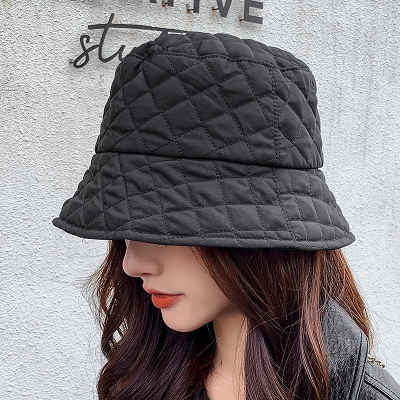 Sparsil Women Autumn Winter Foldable Bucket Hats Solid Lattice Silk Wadding Caps Keep Warm Prevent Cold Basin Fisherman Hat