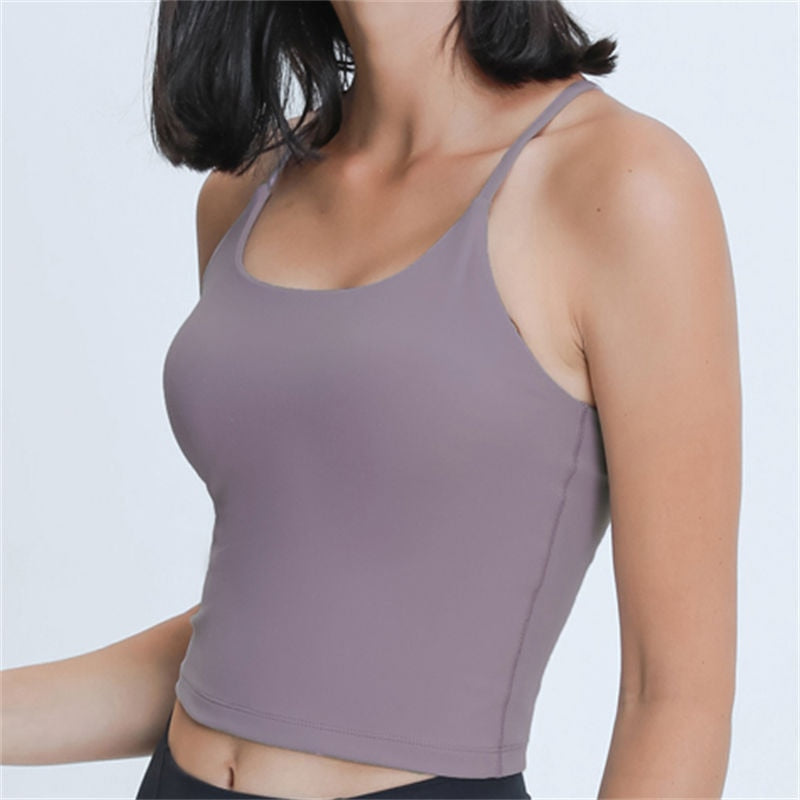 Nepoagym EMOTION Buttery Soft Women Workout Crop Tank Bras with Y Strappy Back Longline Gym Top with Removable Padding