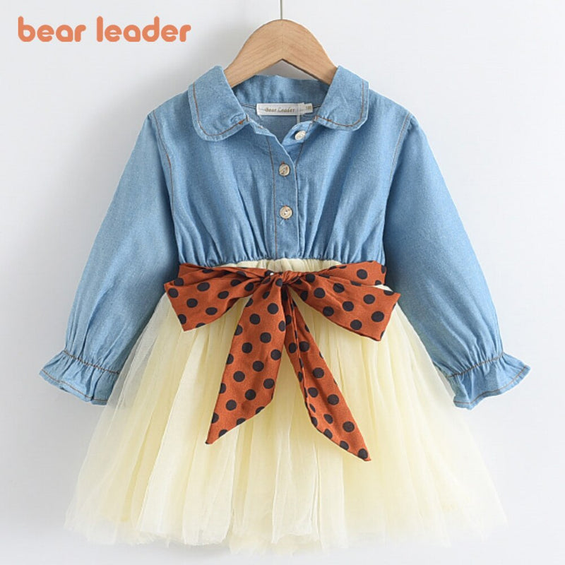 Bär Führer Mädchen Party Kleider 2022 Neue Herbst Mädchen Prinzessin Kleid Schärpen Denim Mesh Outfits Süße Kinder Frühlingskleidung Anzüge