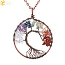 CSJA 7 Chakra Natural Stone Pendant Chip Beads Wrap Wisdom Tree of Life Antique Copper Plated Heart Pendants for Necklace E269