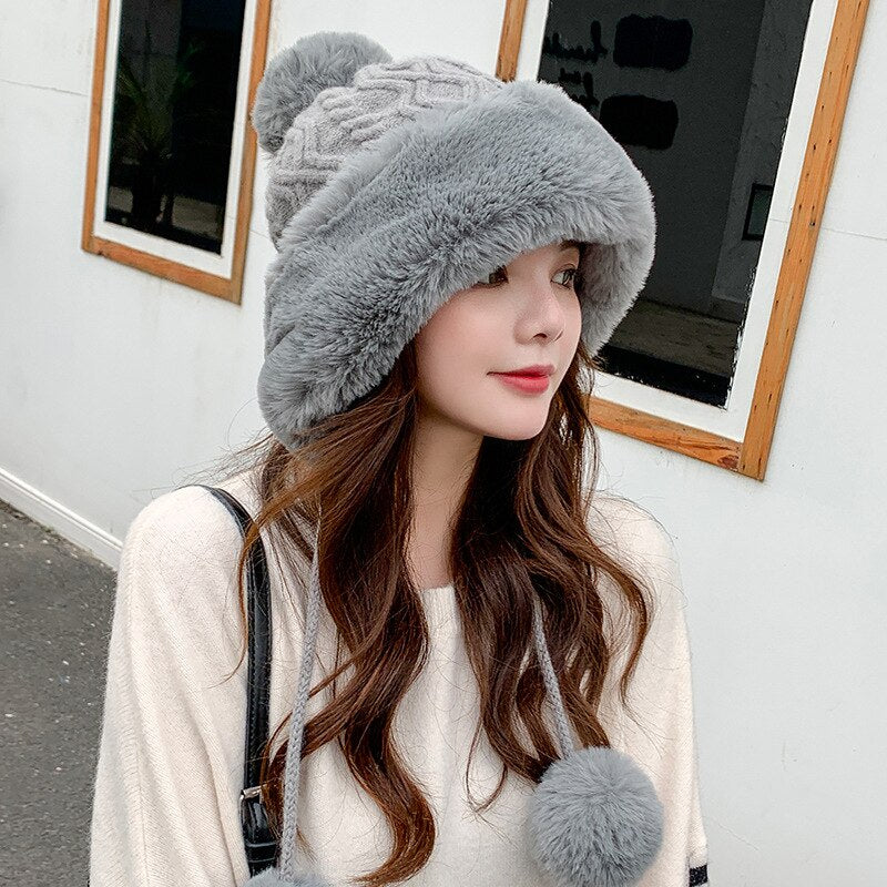 Sparsil Woman Autumn Winter Mink Knit Bomber Hat Thick Female Fluffy Pompom Outdoor Warm Windproof Earflap Trapper Snow Ski Caps