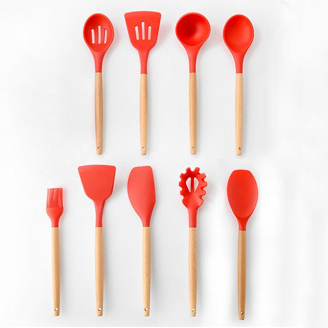 9-13Pcs Cooking Tools Set Premium Silicone Kitchen Cooking Utensils Set with Storage Box Turner Tongs Spatula Soup Spoon