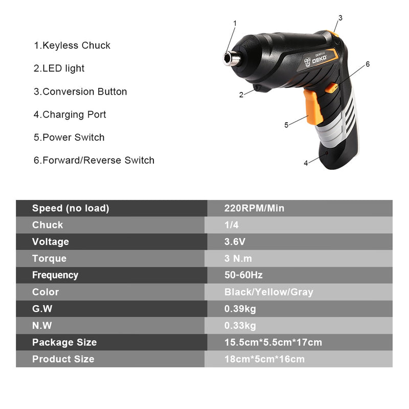 Destornillador eléctrico inalámbrico DEKO DKCS3.6O1, batería recargable, destornillador, mango giratorio, linterna LED, herramienta eléctrica