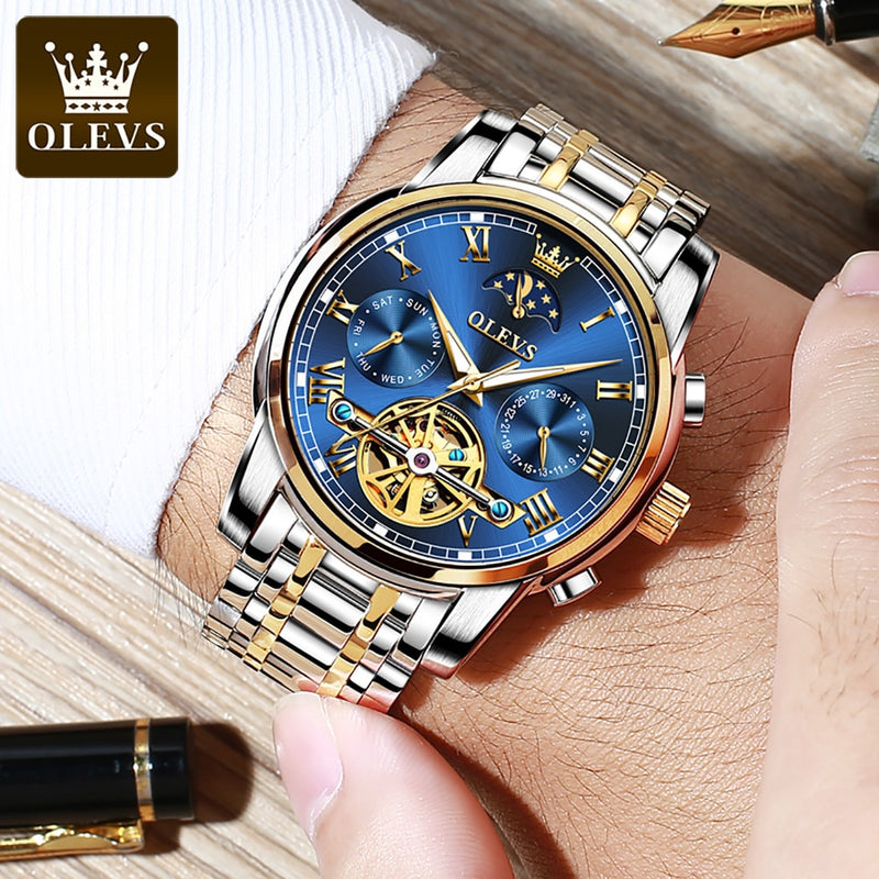 Reloj OLEVS para hombre, reloj mecánico automático, reloj de pulsera Stianless de la mejor marca, reloj de pulsera de lujo moon phaseTourbillon, regalos para hombre