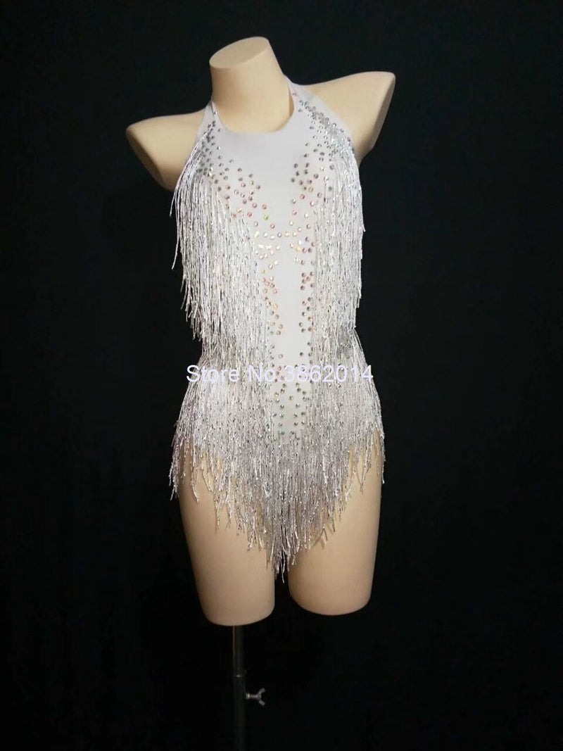 Sparkly Rhinestones Fringes Bodysuit Women Nightclub Outfit Glisten Dance Costume One-piece Dance Wear Singer Stage Leotard