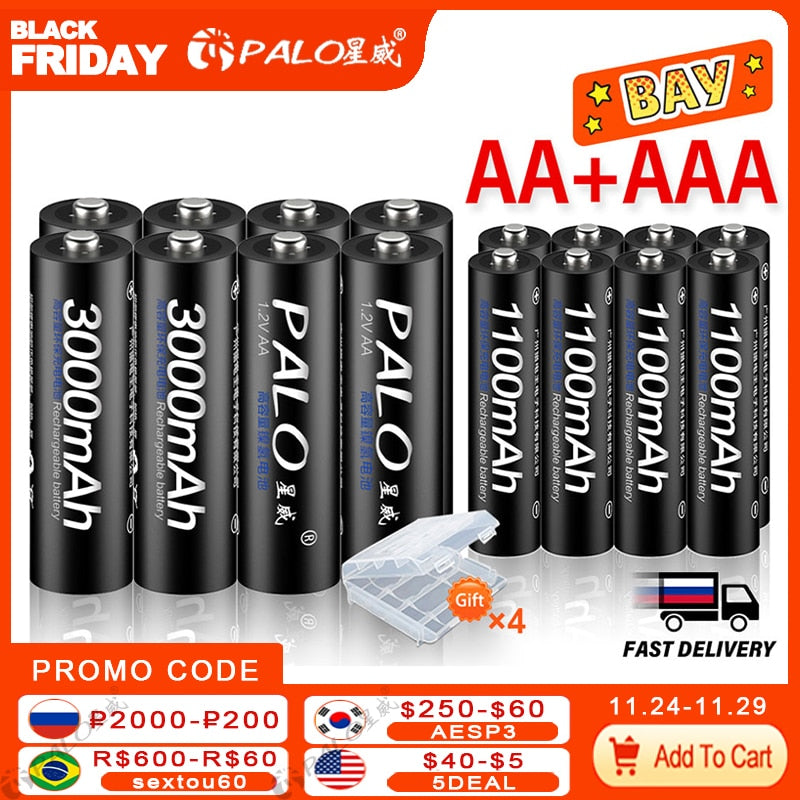 PALO 4Pcs 3000mAh 1.2V AA Rechargeable Batteries+4Pcs 1100mAh 1.2V AAA Battery NI-MH AA AAA Rechargeable Battery for Camera Toy