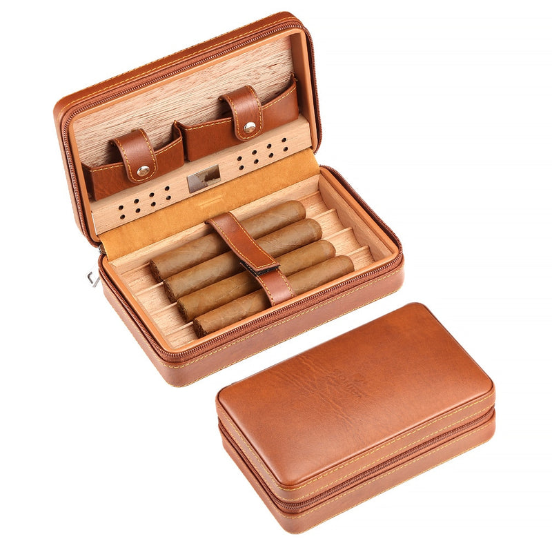 Humidificador de cigarros de madera de cedro portátil GALINER, estuche de viaje de cuero para cigarros, caja de almacenamiento para 4 cigarros, humidificador para Sigar