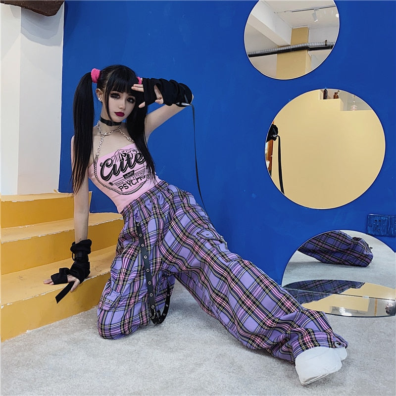 QWEEK Punk Harajuku pantalones a cuadros mujeres Goth Hippie pantalones a cuadros Hip Hop pantalones anchos Cargo Indie y2k estético 2000s coreano