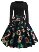 Winter Christmas Dresses Women 50S 60S Vintage Robe Swing Pinup Elegant Party Dress Long Sleeve Casual Print Black