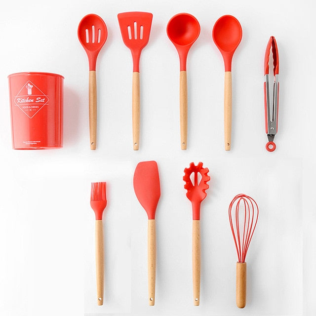 9-13Pcs Cooking Tools Set Premium Silicone Kitchen Cooking Utensils Set with Storage Box Turner Tongs Spatula Soup Spoon