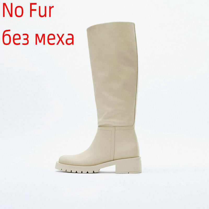 QUTAA INS Mode Frauen Kniehohe Stiefel Vollrindleder Warme Wohnungen Dicke High Heels Motorradstiefel Frau Dame Schuhe 34-43