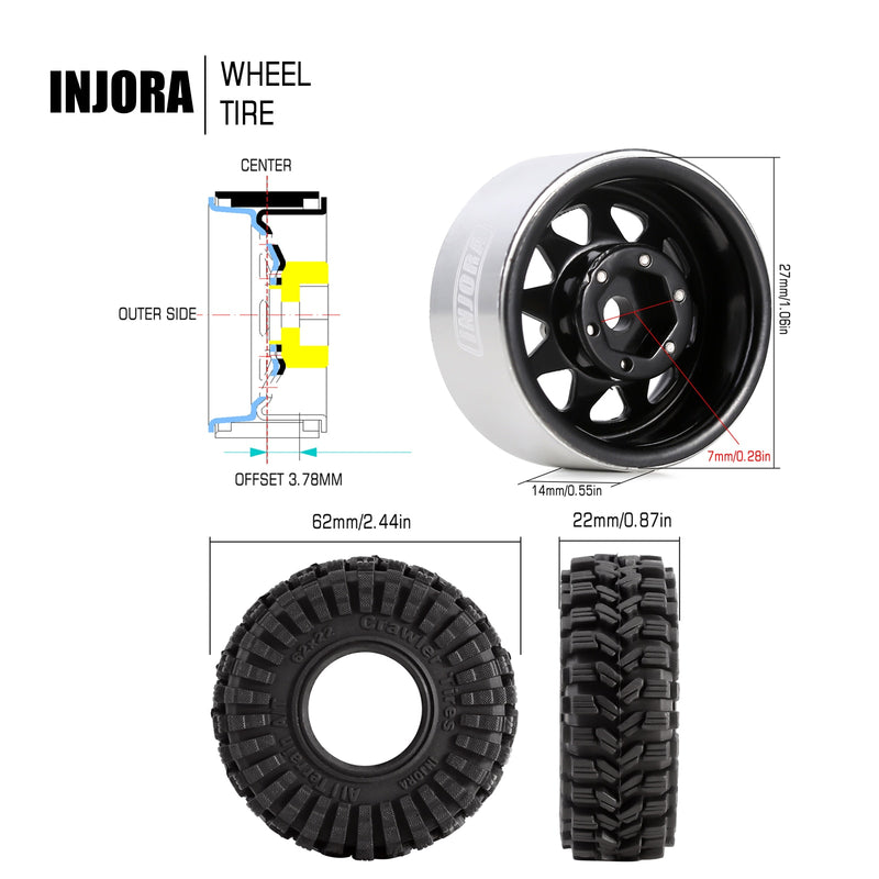 INJORA -3.78mm Offset 1.0" Beadlock Wheel Rims Tires Set for 1/18 1/24 RC Crawler Car Axial SCX24 FMS FCX24 TRX4M (W1004-T1014)