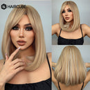 Medium Length Ombre Brown to Blonde Straight Hair Wigs with Bangs Synthetic Wigs for Women Cosplay Heat Resistant Natural Wigs